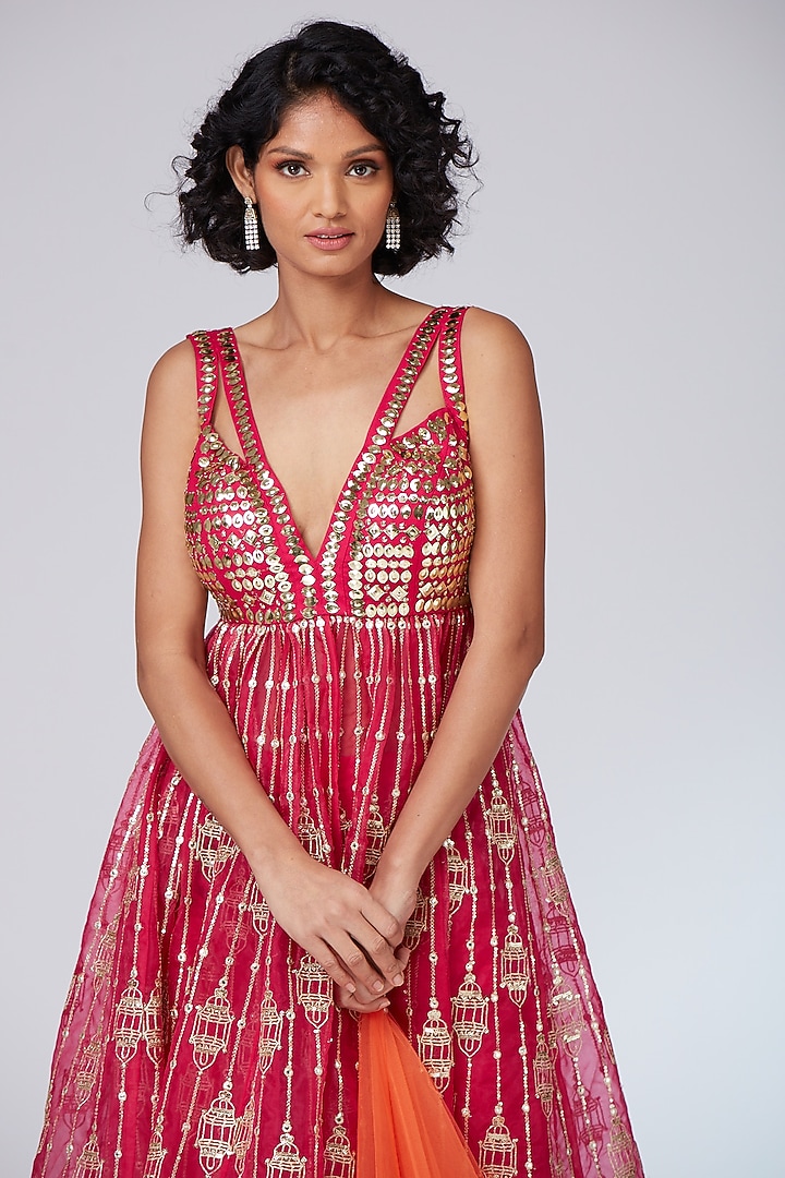 Hot Pink Organza Embellished Bridal Anarkali Set by Neeta Lulla at Pernia's Pop Up Shop