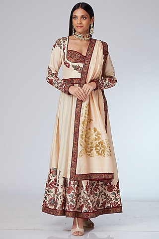 Cream Chanderi Embellished Anarkali Set  by Neeta Lulla