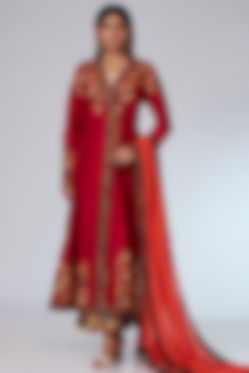 Mulberry Red Raw Silk Jacket Anarkali Set  by Neeta Lulla at Pernia's Pop Up Shop