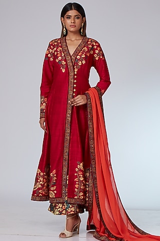 Mulberry Red Raw Silk Jacket Anarkali Set  by Neeta Lulla