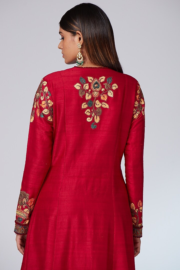 Mulberry Red Raw Silk Jacket Bridal Anarkali Set by Neeta Lulla at Pernia's Pop Up Shop