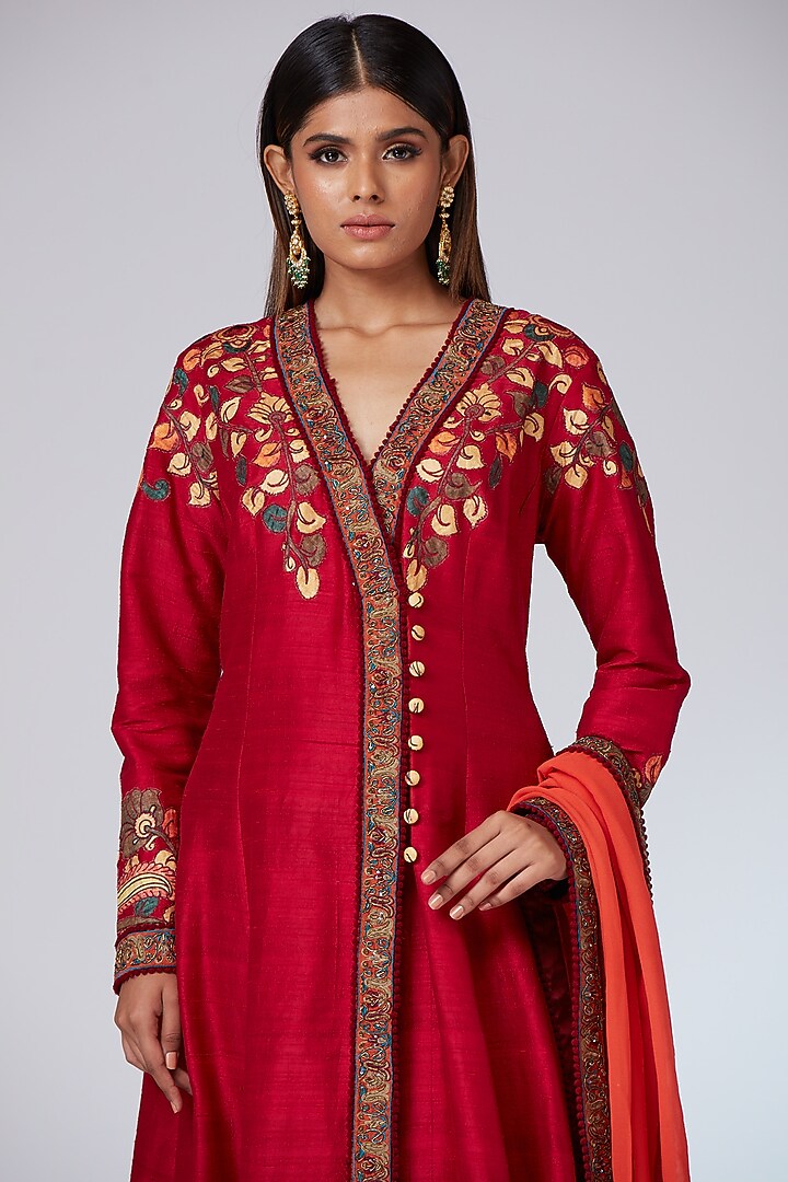 Mulberry Red Raw Silk Jacket Bridal Anarkali Set by Neeta Lulla at Pernia's Pop Up Shop