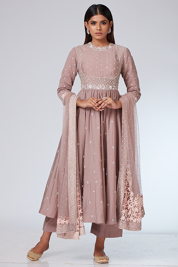 Mauve Pashmina Embroidered Anarkali Set by Neeta Lulla at Pernia's Pop Up Shop