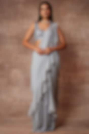 Silver-Grey Chiffon Pre-Stitched Reception Saree Set by Neeta Lulla at Pernia's Pop Up Shop
