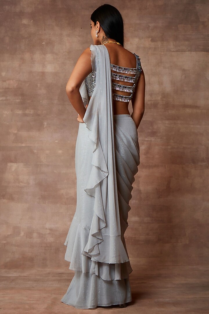 Silver-Grey Chiffon Pre-Stitched Reception Saree Set by Neeta Lulla at Pernia's Pop Up Shop