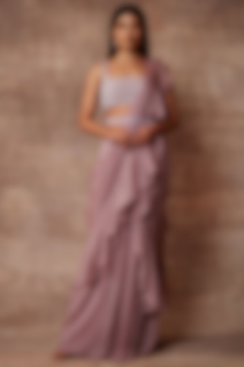 Vintage Plum Chiffon Pre-Stitched Reception Saree Set  by Neeta Lulla at Pernia's Pop Up Shop