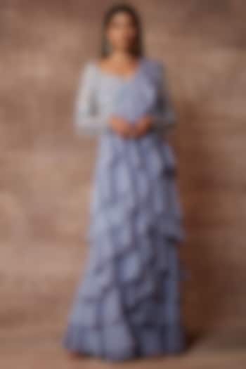 Carolina Blue Chiffon Pre-Stitched Ruffled Reception Saree Set by Neeta Lulla at Pernia's Pop Up Shop