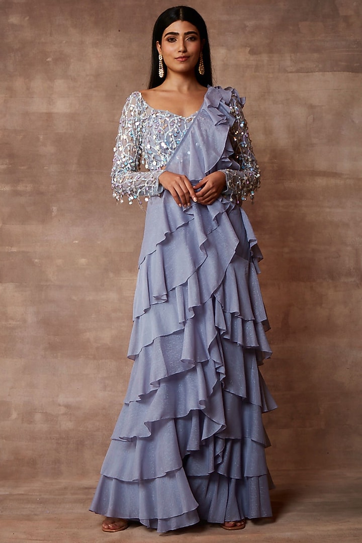 Carolina Blue Chiffon Pre-Stitched Ruffled Reception Saree Set by Neeta Lulla at Pernia's Pop Up Shop