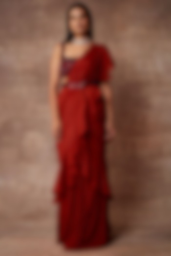 Berry Red Chiffon Pre-Stitched Ruffled Saree Set by Neeta Lulla