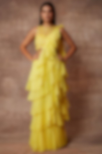 Sunshine Yellow Chiffon Pre-Stitched Ruffled Saree Set by Neeta Lulla