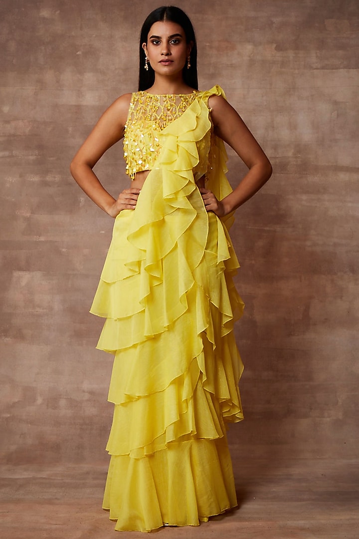 Sunshine Yellow Chiffon Pre-Stitched Ruffled Saree Set by Neeta Lulla