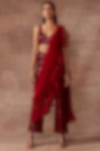 Berry Red Tulle Pant Reception Saree Set by Neeta Lulla at Pernia's Pop Up Shop