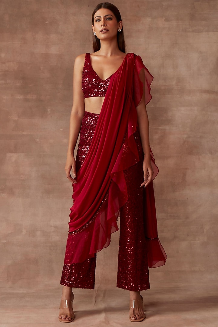 Berry Red Tulle Pant Reception Saree Set by Neeta Lulla at Pernia's Pop Up Shop