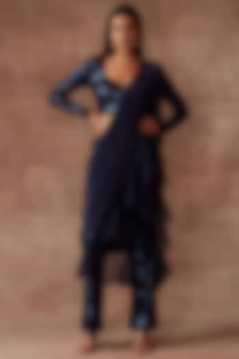 Royal Blue Tulle & Organza Pant Reception Saree Set by Neeta Lulla at Pernia's Pop Up Shop