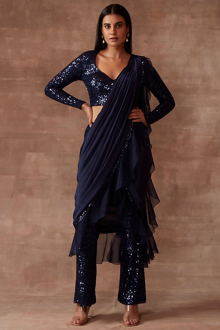 Royal Blue Tulle & Organza Pant Reception Saree Set by Neeta Lulla at Pernia's Pop Up Shop