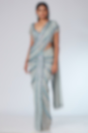 Silver-Grey Chiffon Pre-Stitched Embroidered Reception Saree Set by Neeta Lulla at Pernia's Pop Up Shop