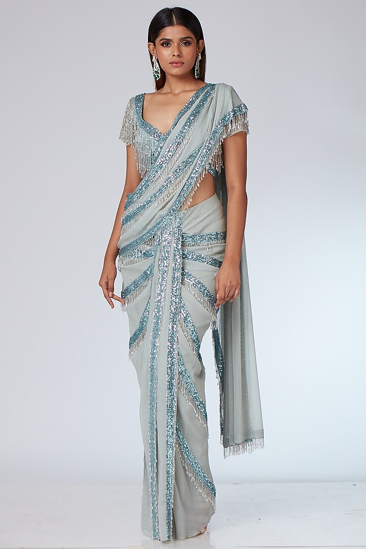 Silver-Grey Chiffon Pre-Stitched Embroidered Reception Saree Set by Neeta Lulla at Pernia's Pop Up Shop
