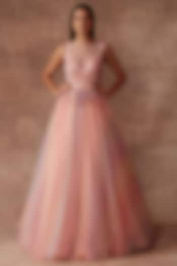 Peach-Rainbow Tulle Embellished Gown by Neeta Lulla