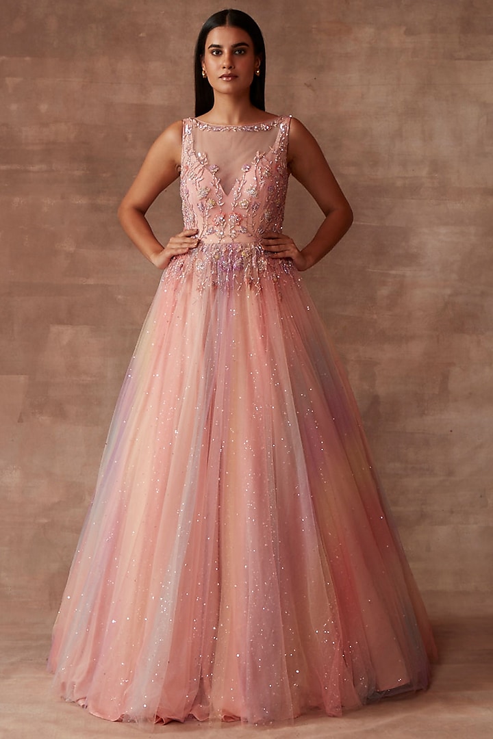 Peach-Rainbow Tulle Embellished Gown by Neeta Lulla