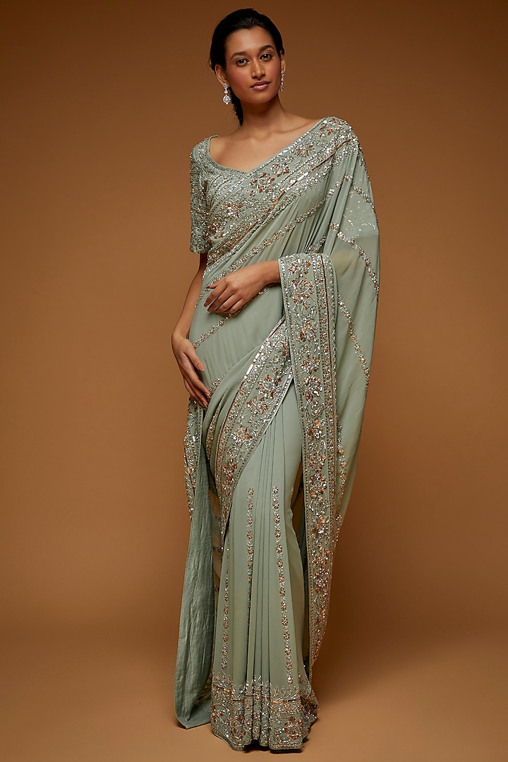 Bay Green Georgette Embroidered Saree Set by Neeta Lulla
