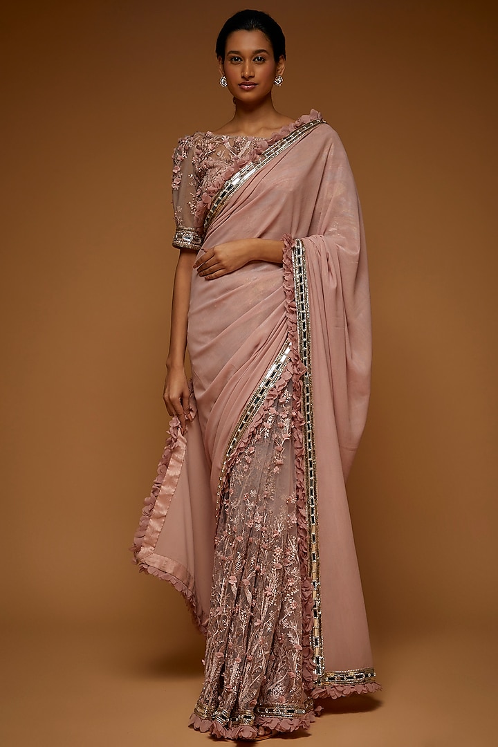Onion Pink Tulle & Georgette Embellished Saree Set by Neeta Lulla
