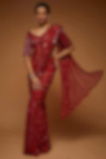 Red Tulle Embellished Saree Set by Neeta Lulla