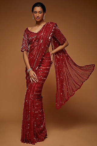 Red Tulle Embellished Saree Set by Neeta Lulla