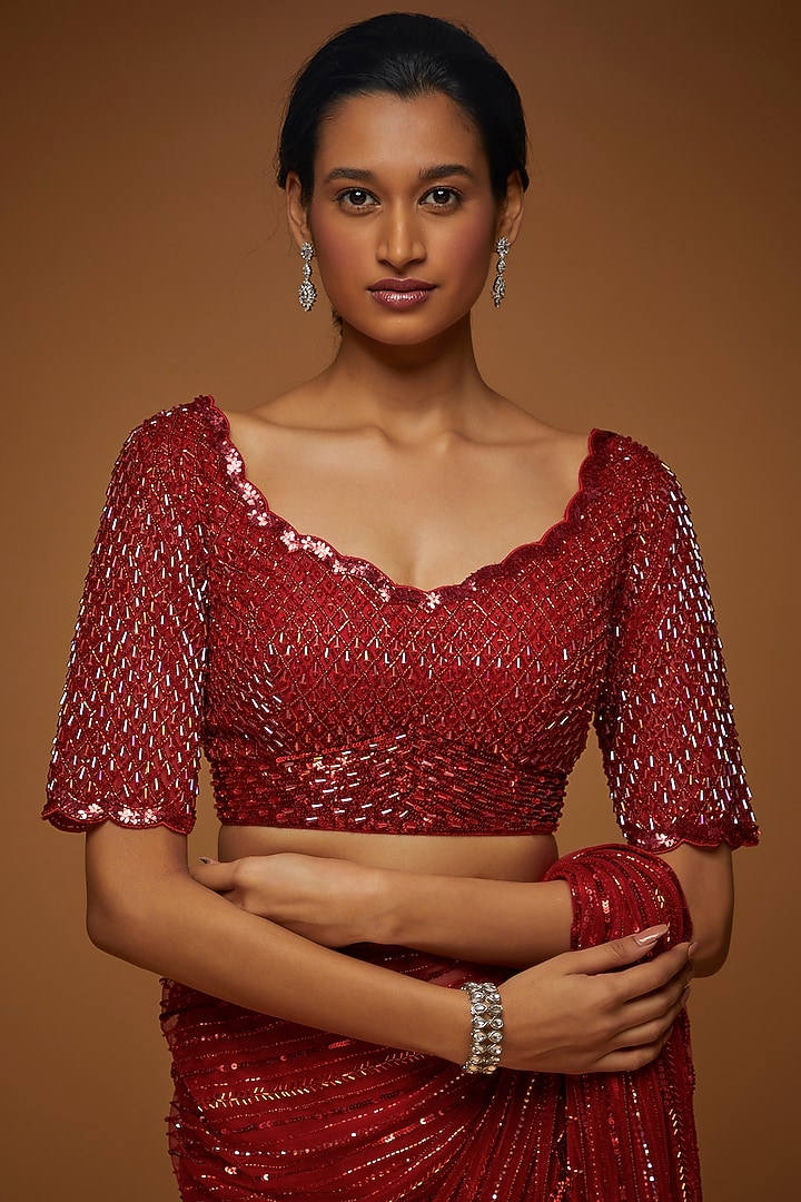 Red Tulle Embellished Bridal Saree Set by Neeta Lulla at Pernia's Pop Up Shop