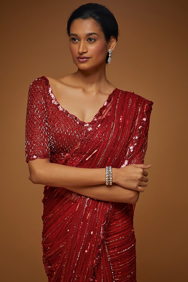 Red Tulle Embellished Bridal Saree Set by Neeta Lulla at Pernia's Pop Up Shop