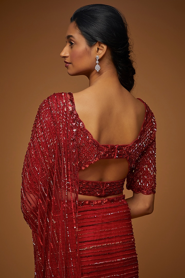 Red Tulle Embellished Bridal Saree Set by Neeta Lulla at Pernia's Pop Up Shop