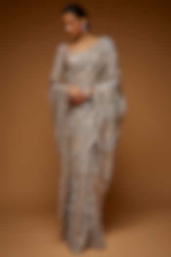 Frost Grey Tulle Embellished Saree Set by Neeta Lulla