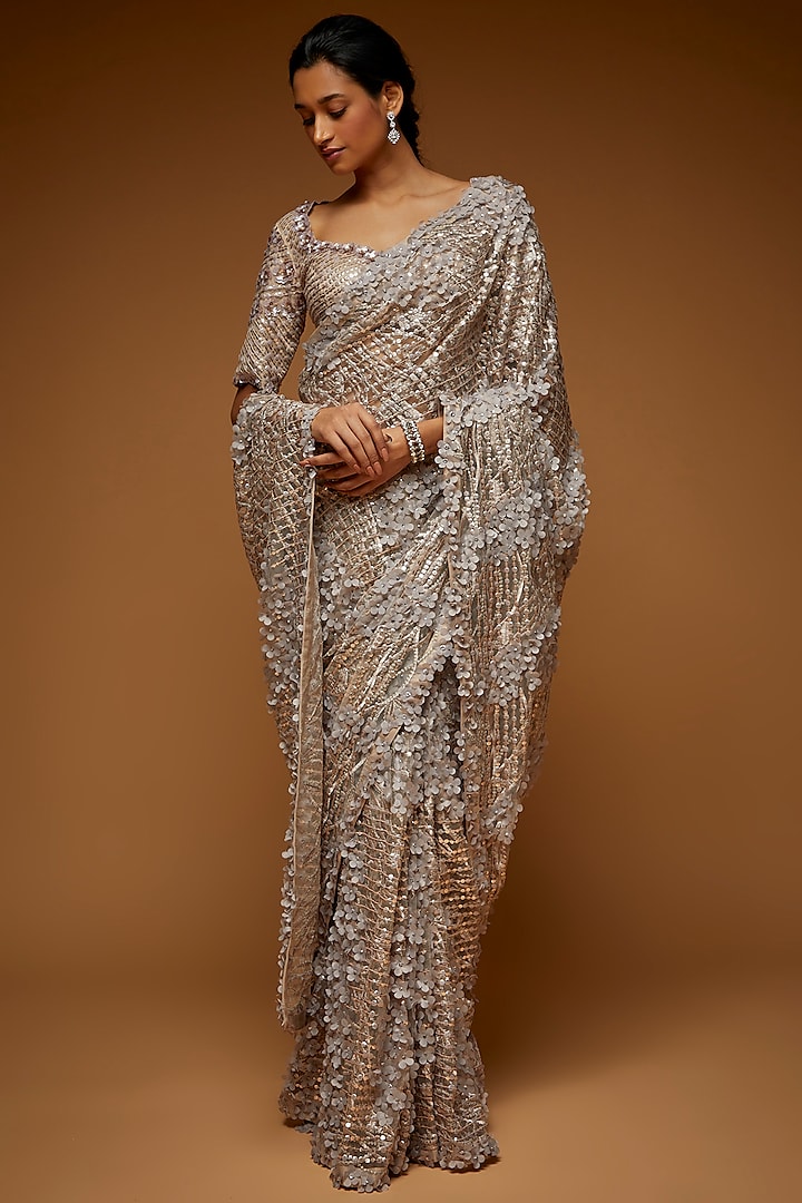 Frost Grey Tulle Embellished Saree Set by Neeta Lulla