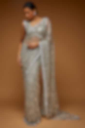 Light Grey Tulle Embroidered Saree Set by Neeta Lulla