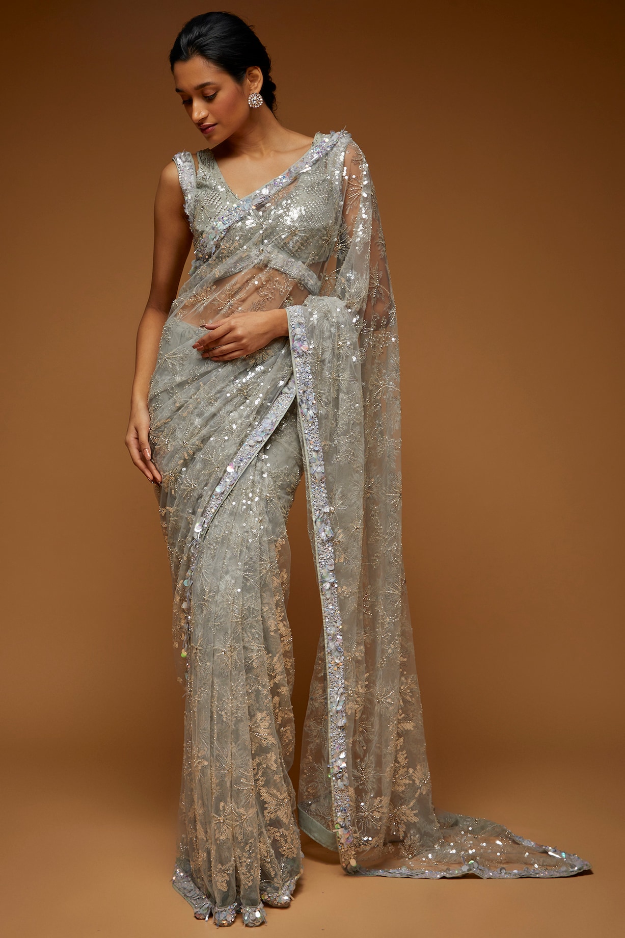 Neeta Lulla - Light Grey Tulle Embroidered Designer Saree Set for Women at Pernia's Pop-Up Shop