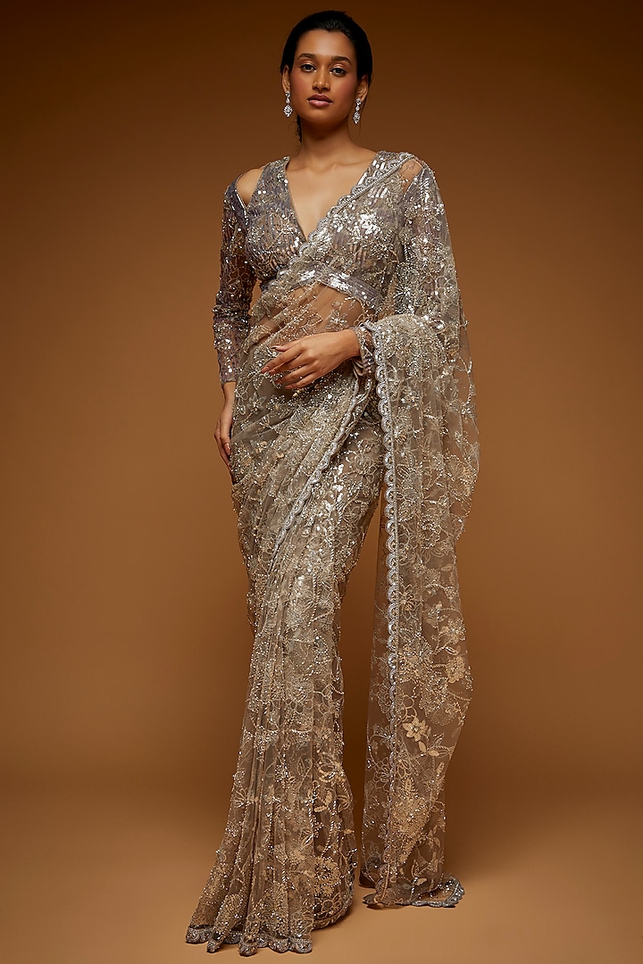 Mauve Tulle Embellished Saree Set by Neeta Lulla at Pernia's Pop Up Shop