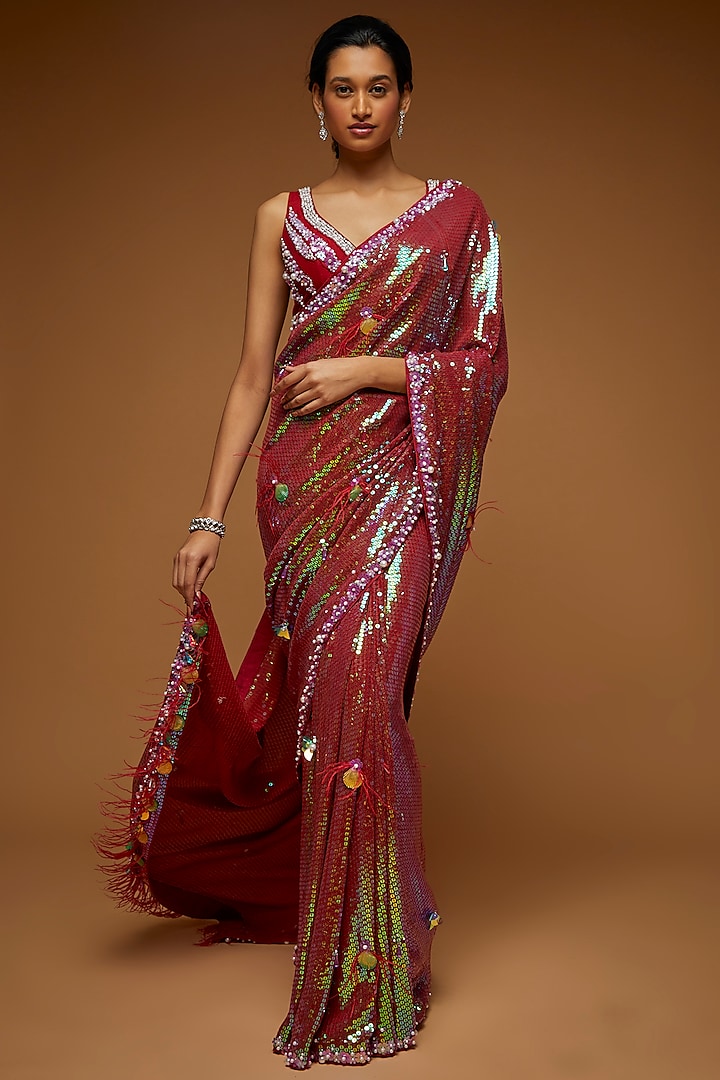 Berry Georgette Embellished Saree Set by Neeta Lulla