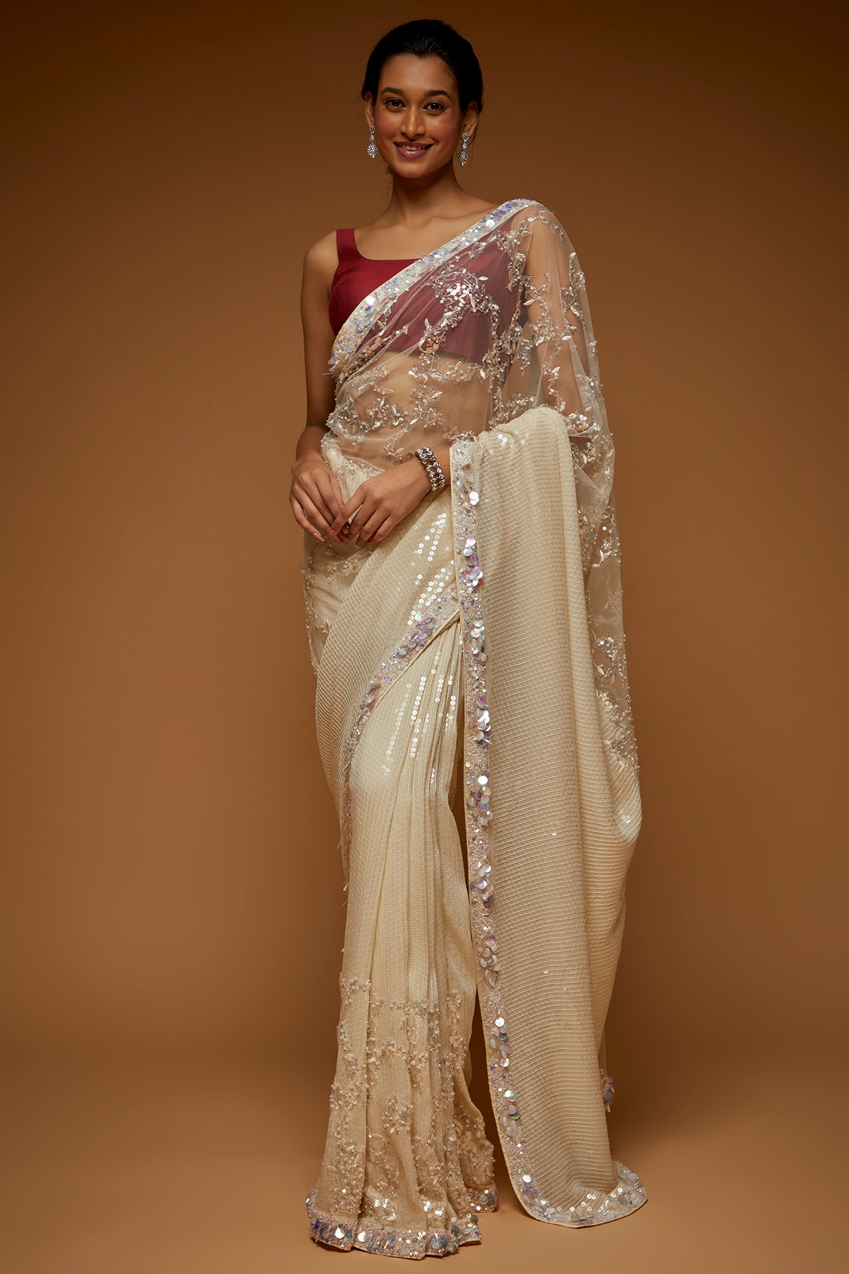 Buy Light Gold Toned Saree In Tissue With Cut Dana Embroidered Borders