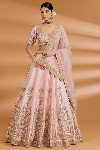 Blush Pink Silk Zardosi Embroidered Lehenga Set by Neeta Lulla