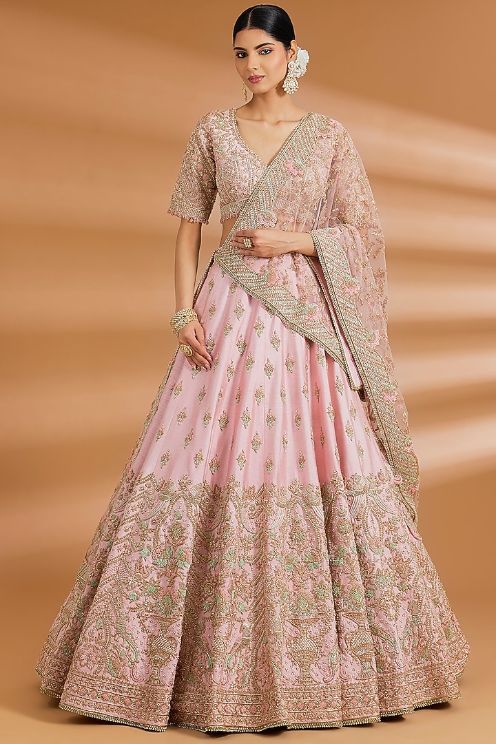 Blush Pink Butter Crepe Zardosi Embroidered Bridal Lehenga Set by Neeta Lulla at Pernia's Pop Up Shop