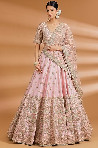 Blush Pink Butter Crepe Zardosi Embroidered Lehenga Set by Neeta Lulla