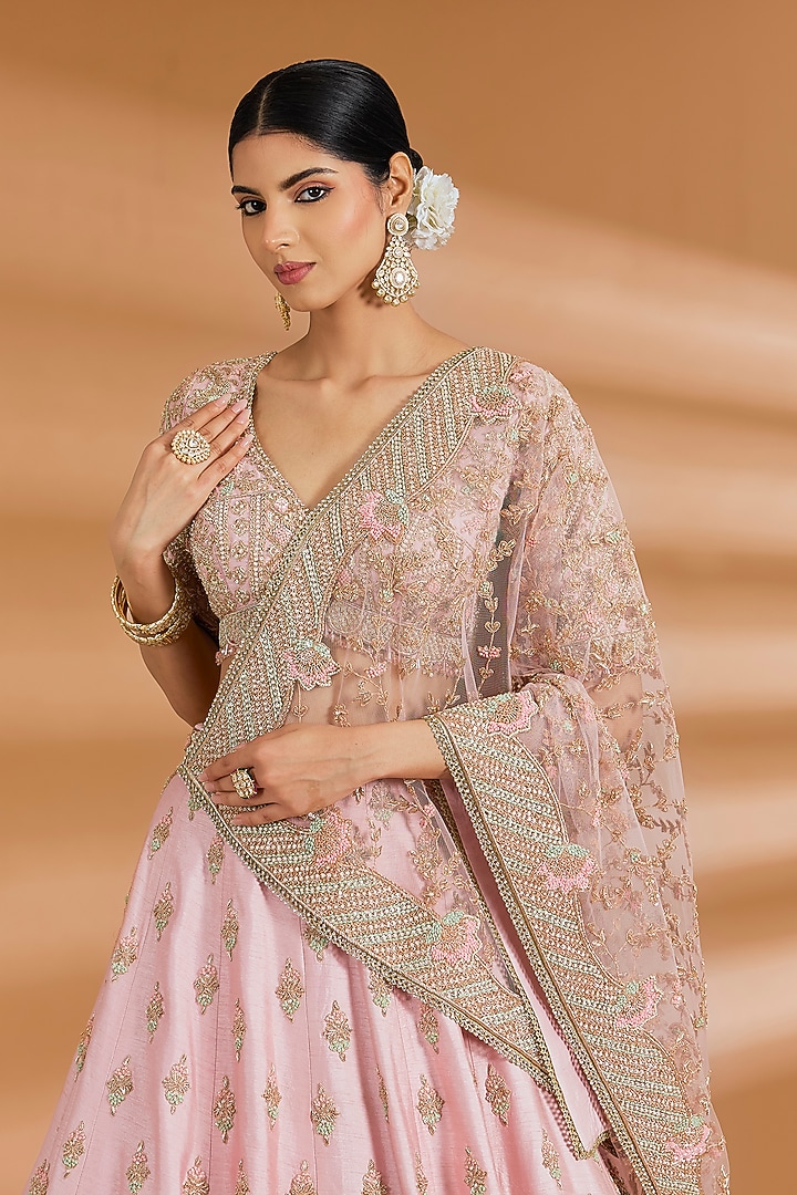 Blush Pink Butter Crepe Zardosi Embroidered Bridal Lehenga Set by Neeta Lulla at Pernia's Pop Up Shop