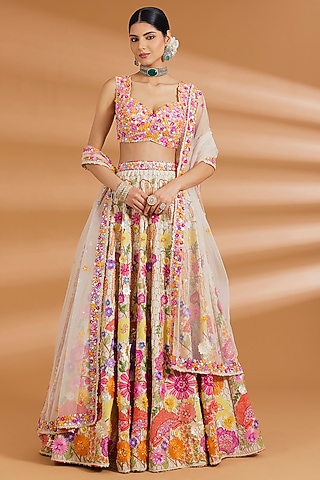 Ivory Raw Silk Zardosi Hand Embroidered Lehenga Set by Neeta Lulla