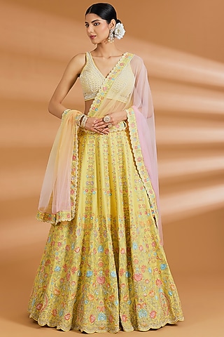 Butter Yellow Silk Resham Embroidered Lehenga Set by Neeta Lulla