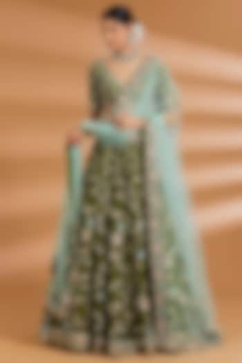 Olive Green Silk Zardosi Embroidered Bridal Lehenga Set by Neeta Lulla at Pernia's Pop Up Shop