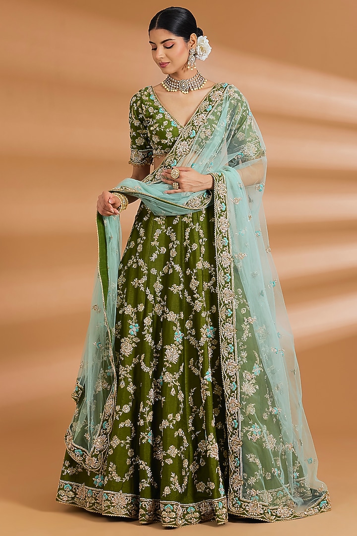 Olive Green Silk Zardosi Embroidered Bridal Lehenga Set by Neeta Lulla at Pernia's Pop Up Shop