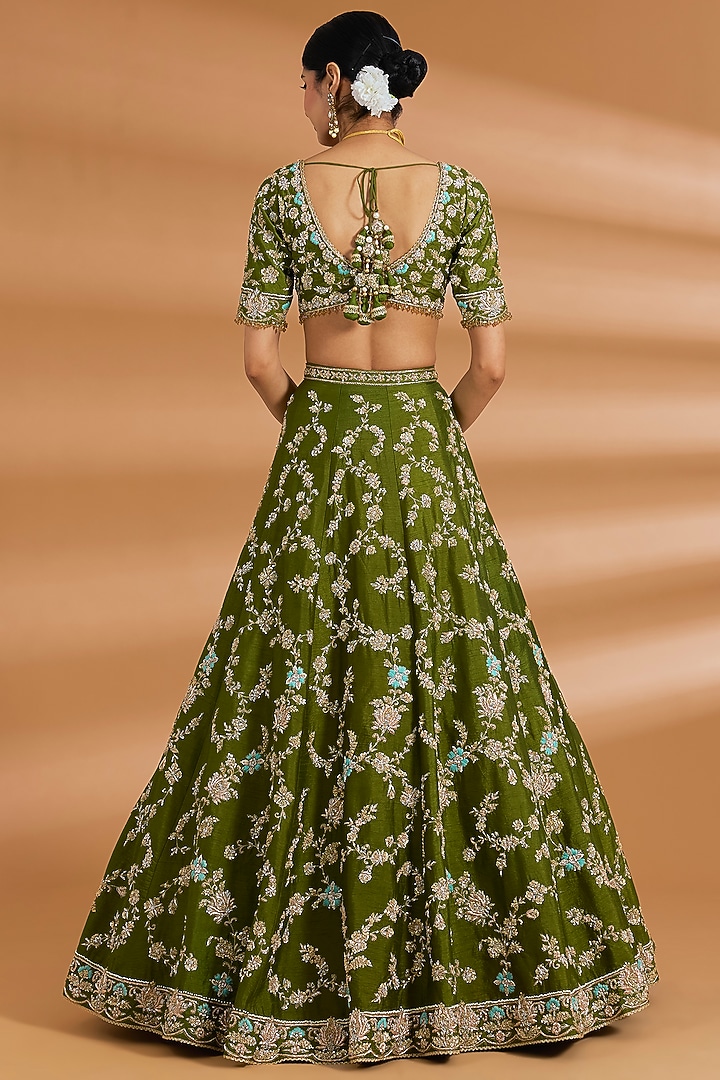 Olive Green Silk Zardosi Embroidered Bridal Lehenga Set by Neeta Lulla at Pernia's Pop Up Shop
