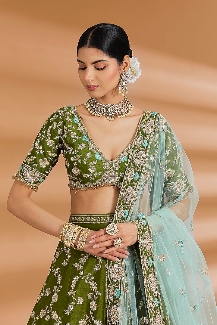 Olive Green Silk Zardosi Embroidered Bridal Lehenga Set by Neeta Lulla at Pernia's Pop Up Shop