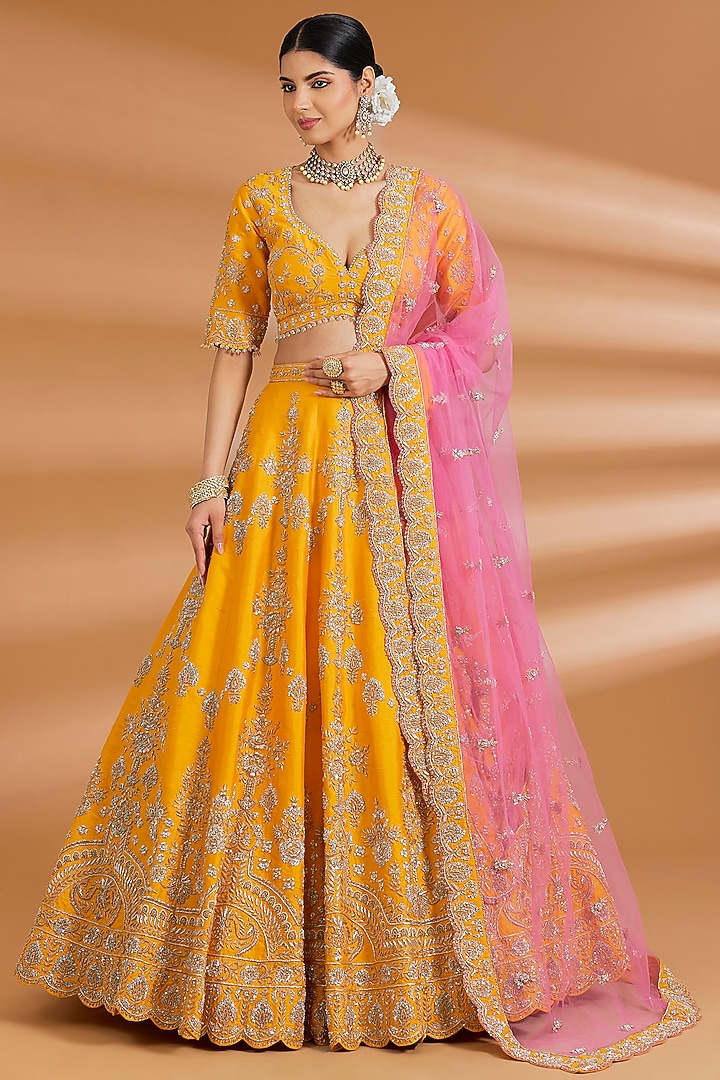 Mustard Yellow Silk Zardosi Embroidered Bridal Lehenga Set by Neeta Lulla at Pernia's Pop Up Shop