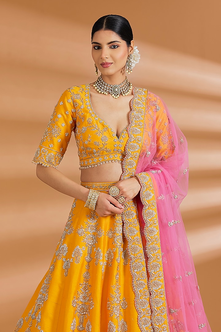 Mustard Yellow Silk Zardosi Embroidered Bridal Lehenga Set by Neeta Lulla at Pernia's Pop Up Shop