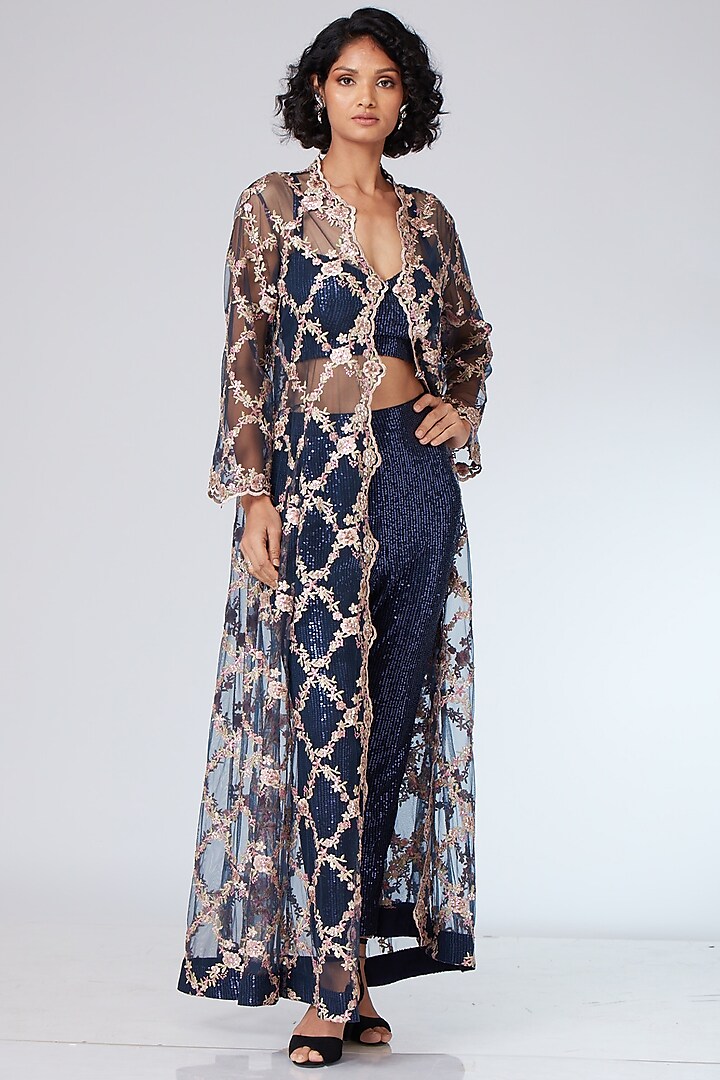 Navy Blue Tulle Embroidered Cape Set by Neeta Lulla